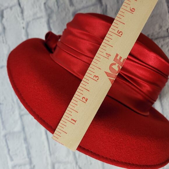 Red Wool Ladies Hat with Ribbon Trim & Feathers